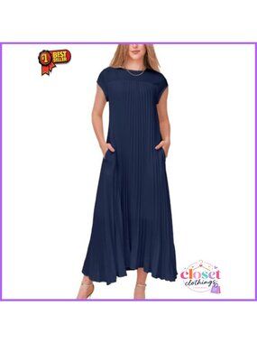 Women Pleated Maxi Dress Short Sleeve Crewneck Swing Long Dress Pockets